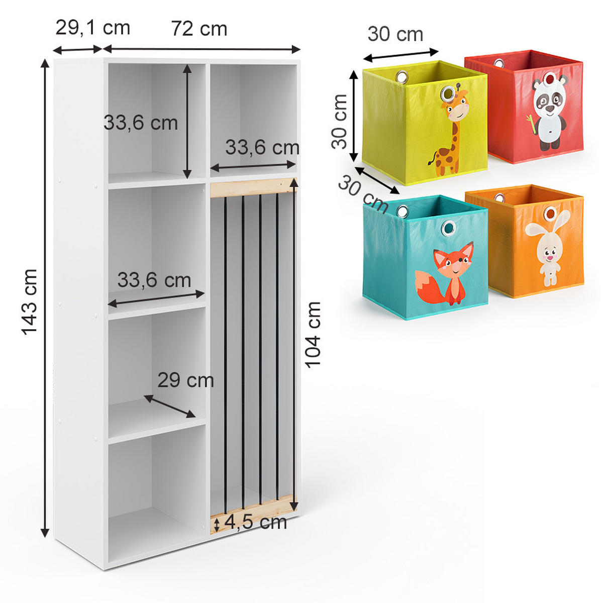 KINDERREGAL Marvin Weiß 72 x 143 cm mit 4 Faltboxen opt.1 - Weiß, Holzwerkstoff (72/143/29.1cm) - Vicco