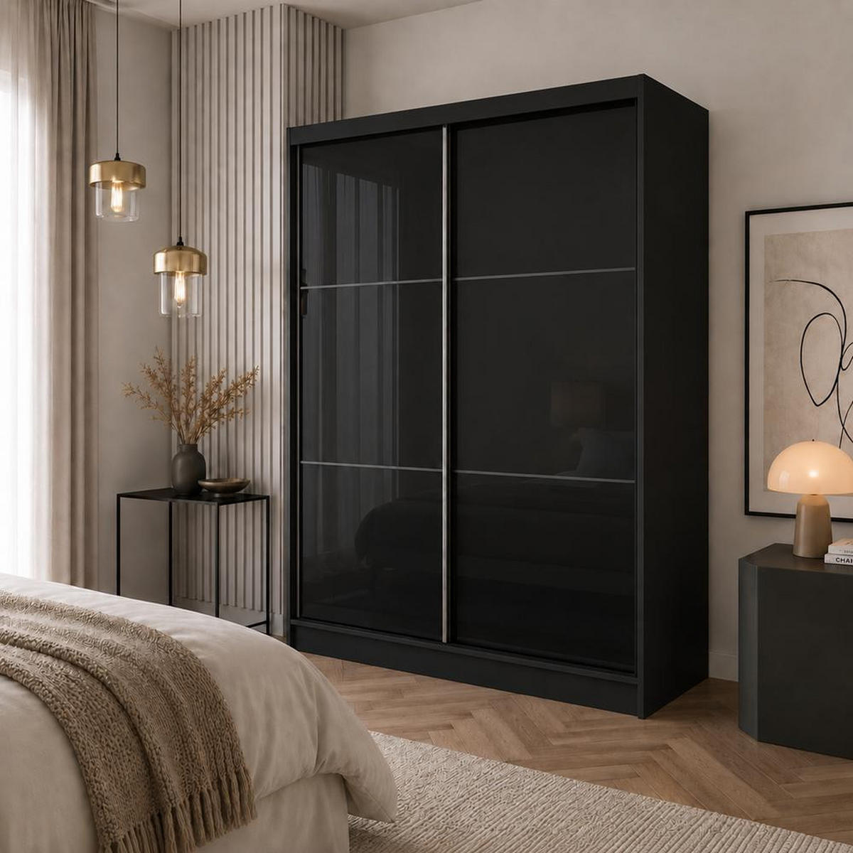 SKŘÍŇ s posuvnými dveřmi Viva 150/216/61 černá s Lacobel sklem - černá, kompozitní dřevo (150/216/61cm) - Beautysofa
