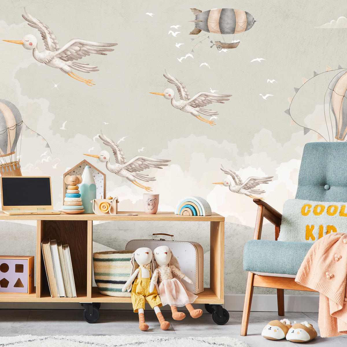 FOTOTAPETE für Kinderzimmer Boho Störche Aquarell Balon Luftschiff Himmel 450x315 - Beige/Weiß, Papier (450/315cm) - Muralo