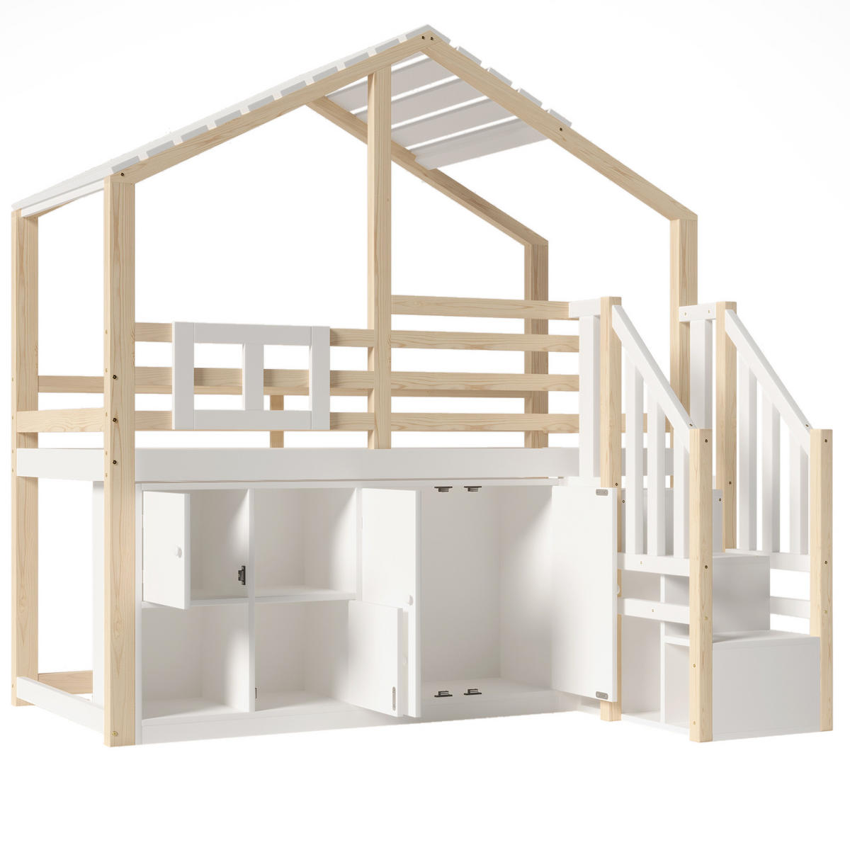 HOCHBETT 90/200 cm Hausform mit Stauraumleiter in Weiß + Natur - Weiß, Holz (90/200cm) - OKWISH