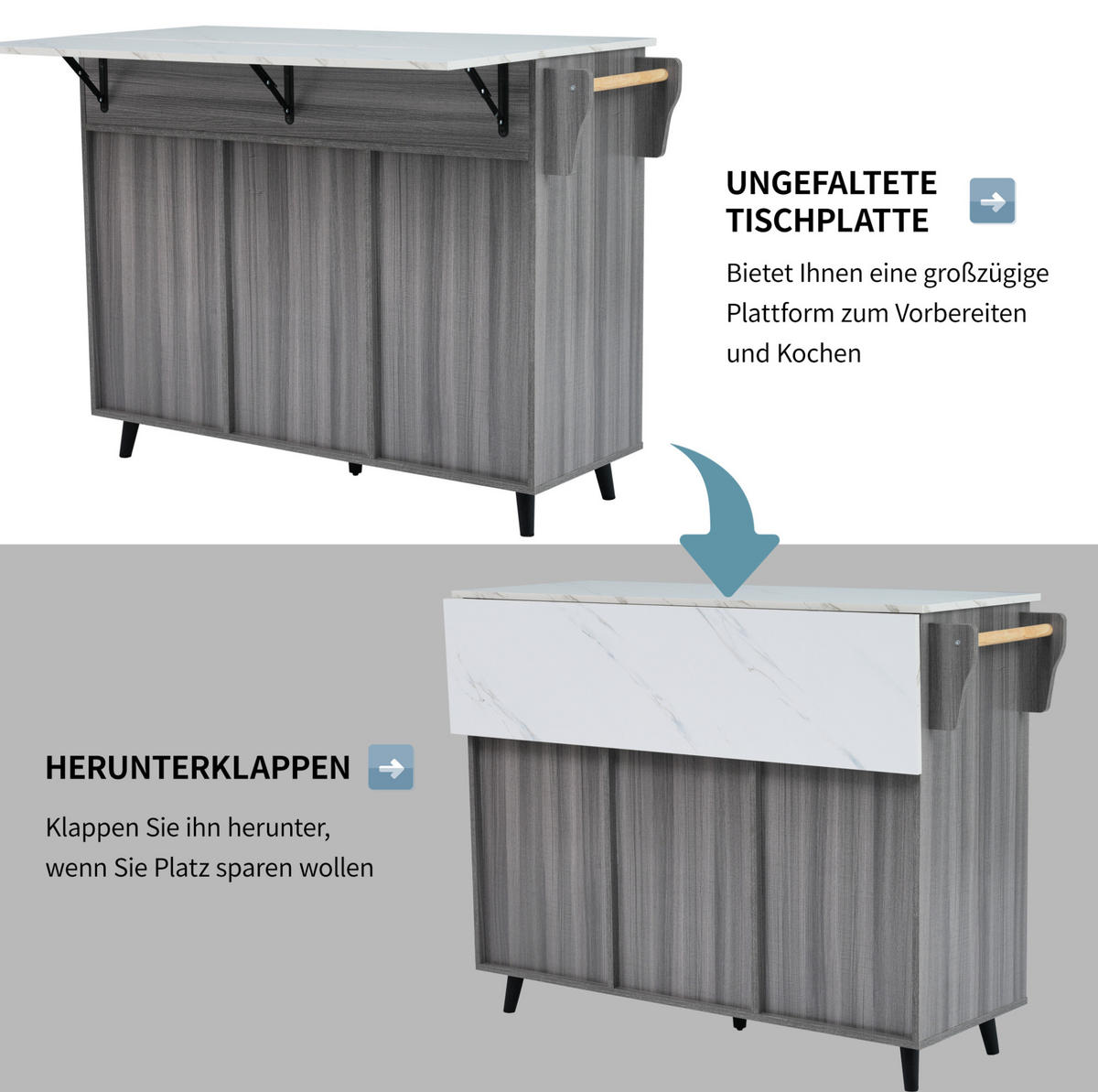 KÜCHENINSEL 129/46(71)/91,5 cm aus MDF mit klappbarer Tischplatte Khakigrau/Weiß - Grau, Holzwerkstoff (129/91.5/71cm) - Modenvie