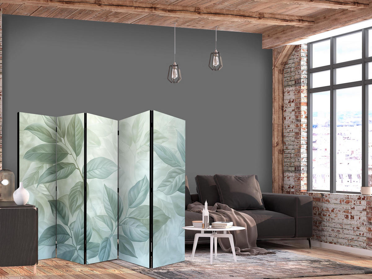 PARAVÁN Akustický 5-dielny 225x172 cm Botanický Motív - modrá, drevo/textil (225/172/3cm) - Muralo