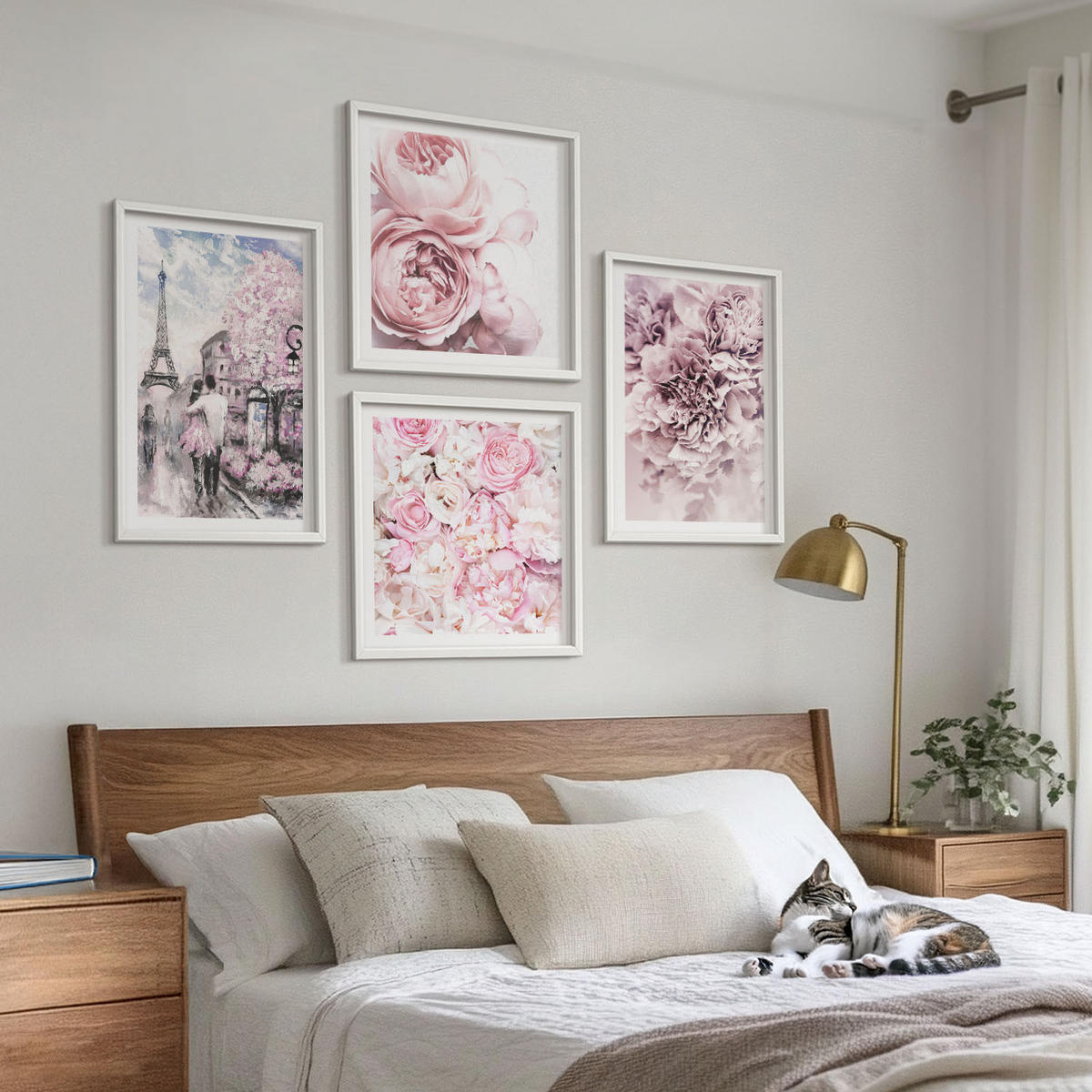 WANDBILDER 4er-Set - 50x50 cm & 40x60 cm Weißer Rahmen - Rosa Blumen, romantische Landschaft - Weiß, Kunststoff (50/50cm) - ArtPrintCave