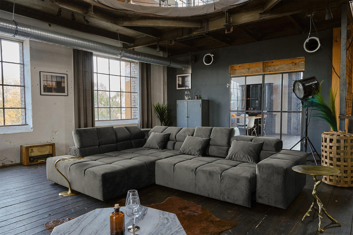 ECKSOFA MIT MOTORISCHEM SITZVORZUG NEVADA Grau Velvet - Schwarz/Grau, Textil (319/215cm) - KAWOLA