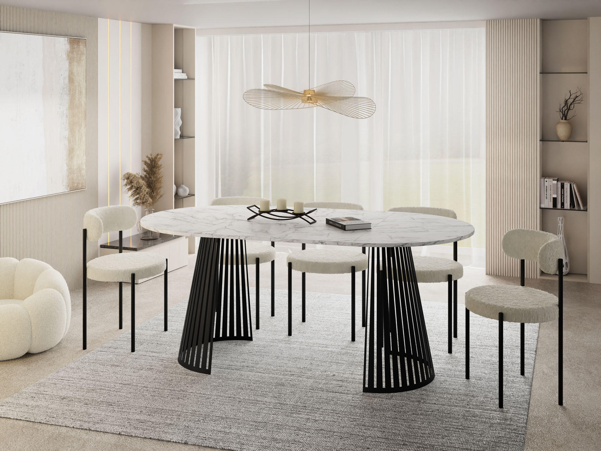 ESSTISCH Naro runder ausziehbarer, Marmor Weiß 100-180/100/76 cm - Ecru/Schwarz, Holzwerkstoff/Metall (100/100/76cm) - WFL GROUP