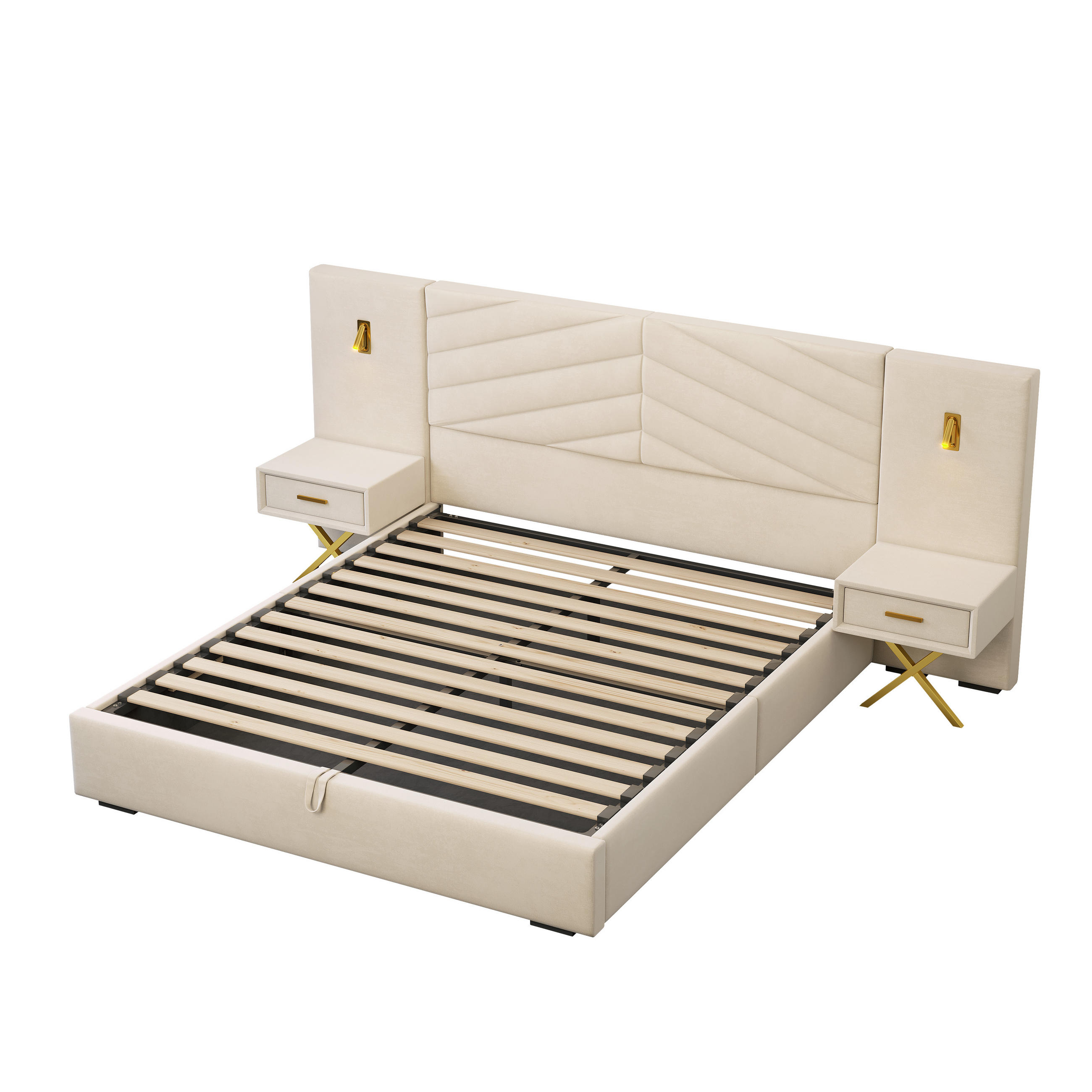 POLSTERBETT 160/200 cm Beige-Weiß mit 2 Bettbänke und 2 LED-Leuchten - Weiß, Holz (160/200cm) - Oxeza