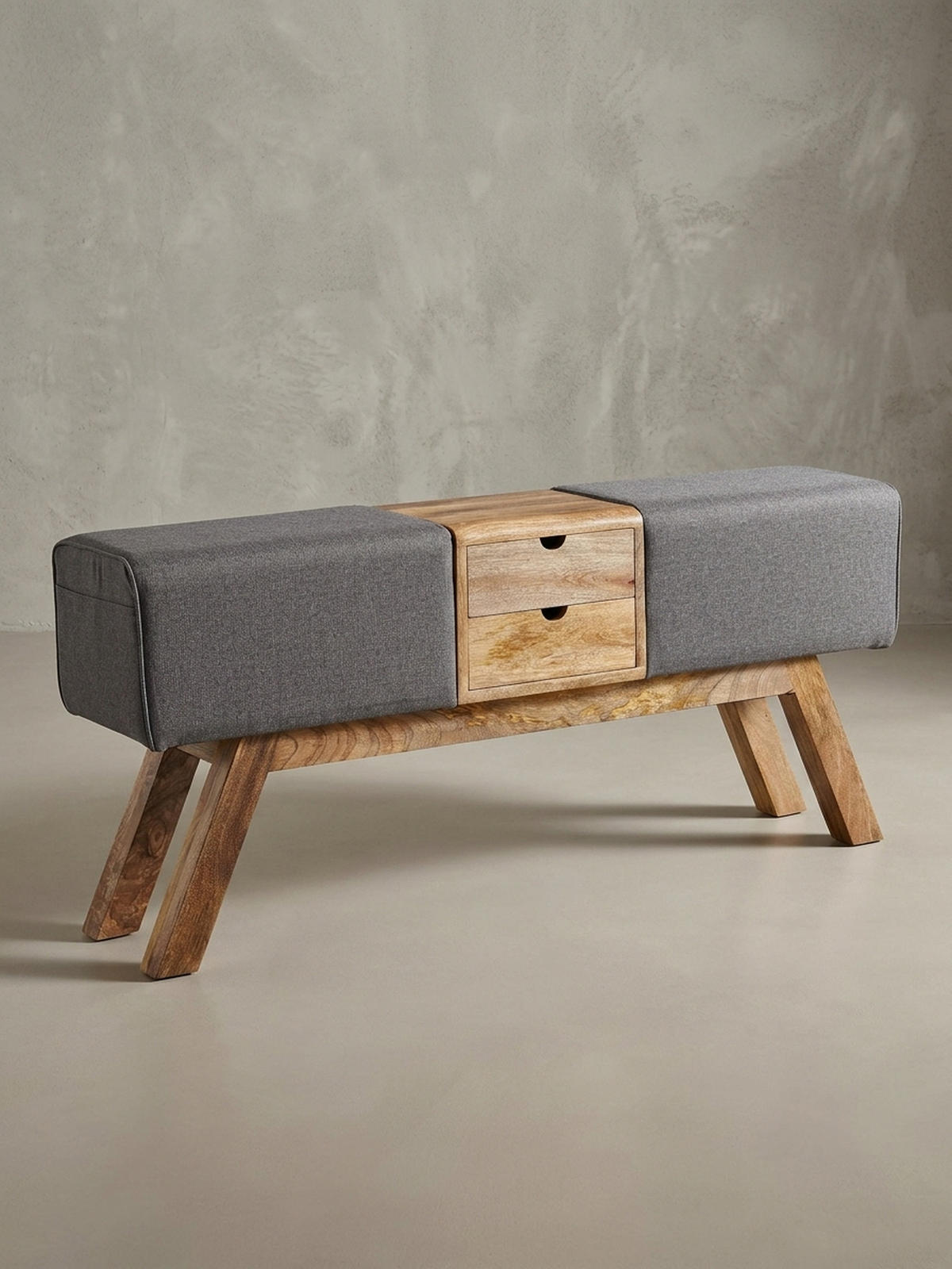 SITZBANK Massivholz Stoffbezug mit 2 Schubladen, Grau 120x30x56 cm - Braun/Grau, Mangoholz/Textil (120/56/30cm) - KADIMA DESIGN