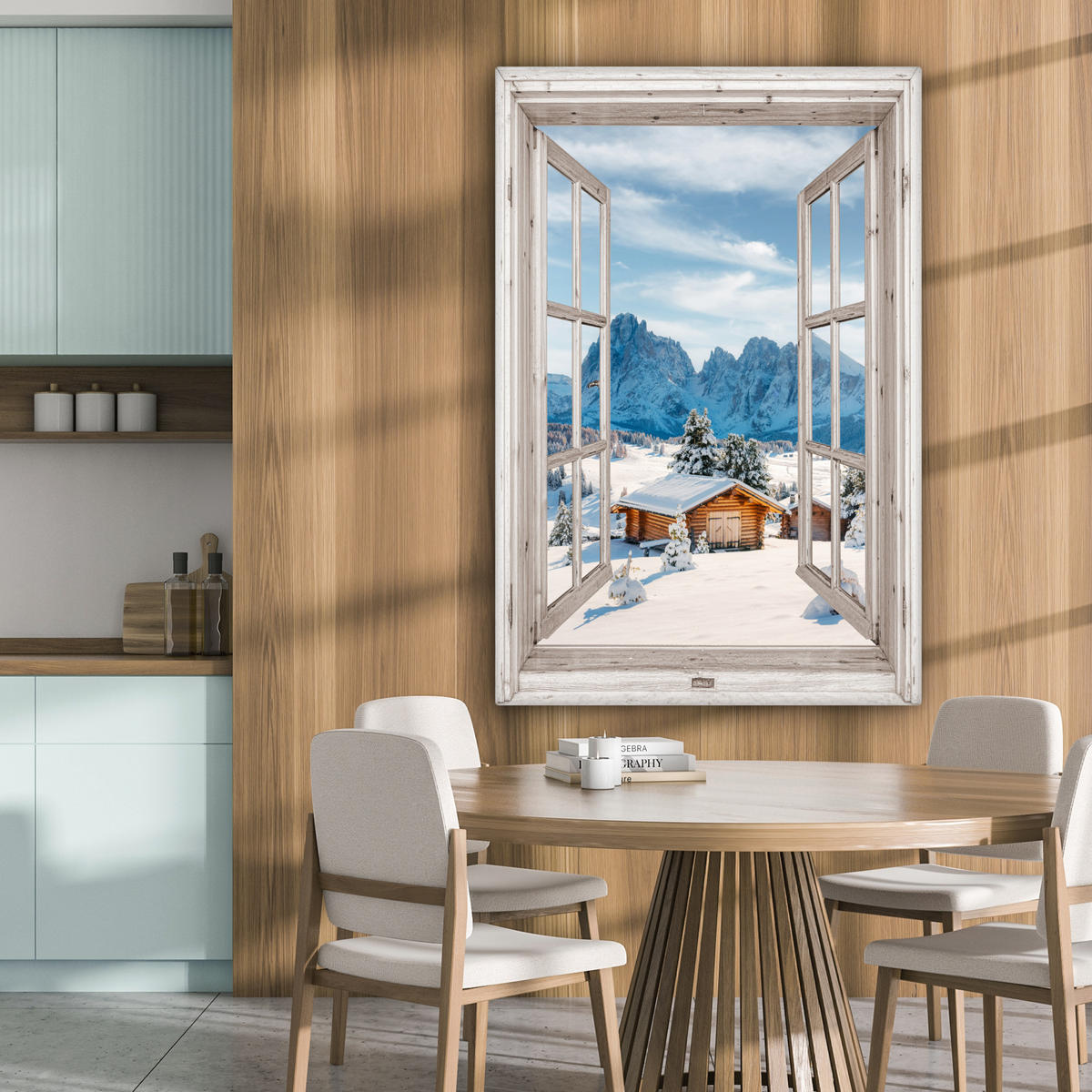 LEINWANDBILD Winterlandschaft - Hütte - Berge - Ausblicke - Aussicht - Natur 80x120 cm - Weiß Hochglanz, Textil (80/120cm) - MuchoWow