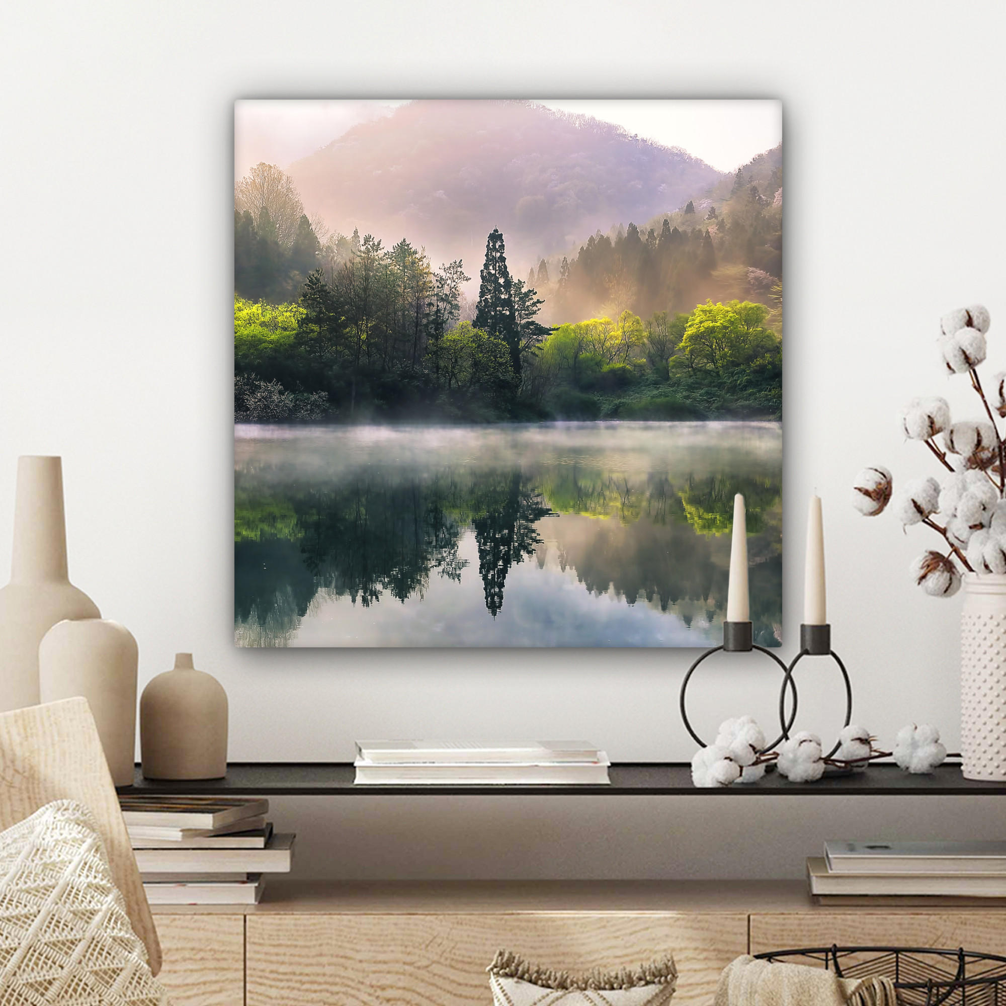 LEINWANDBILD Natur - Bäume - Berge - See - Wasser 50x50 cm - Hellgrün, Textil (50/50cm) - MuchoWow