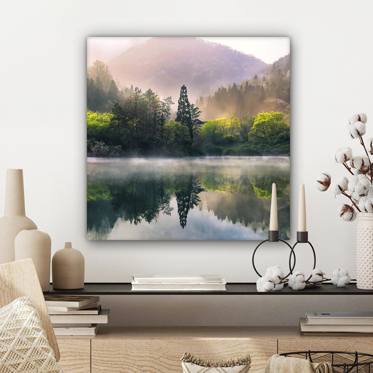 LEINWANDBILD Natur - Bäume - Berge - See - Wasser 50x50 cm - Hellgrün, Textil (50/50cm) - MuchoWow