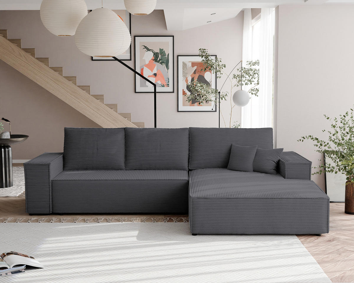 ECKSOFA NOVA mit Schlaffunktion und Bettkasten Dunkelgrau - Dunkelgrau, Holzwerkstoff/Kunststoff (250/90cm) - Idohome