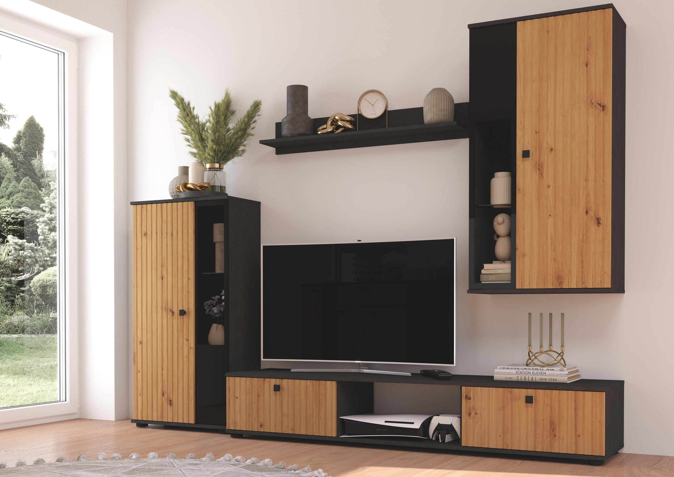 WOHNWAND Formilo Matera, Artisan 294/180/40 cm Hochwertige mit Lamellen - Hellbraun/Grau, Holzwerkstoff/Kunststoff (180/294/40cm) - AX Living