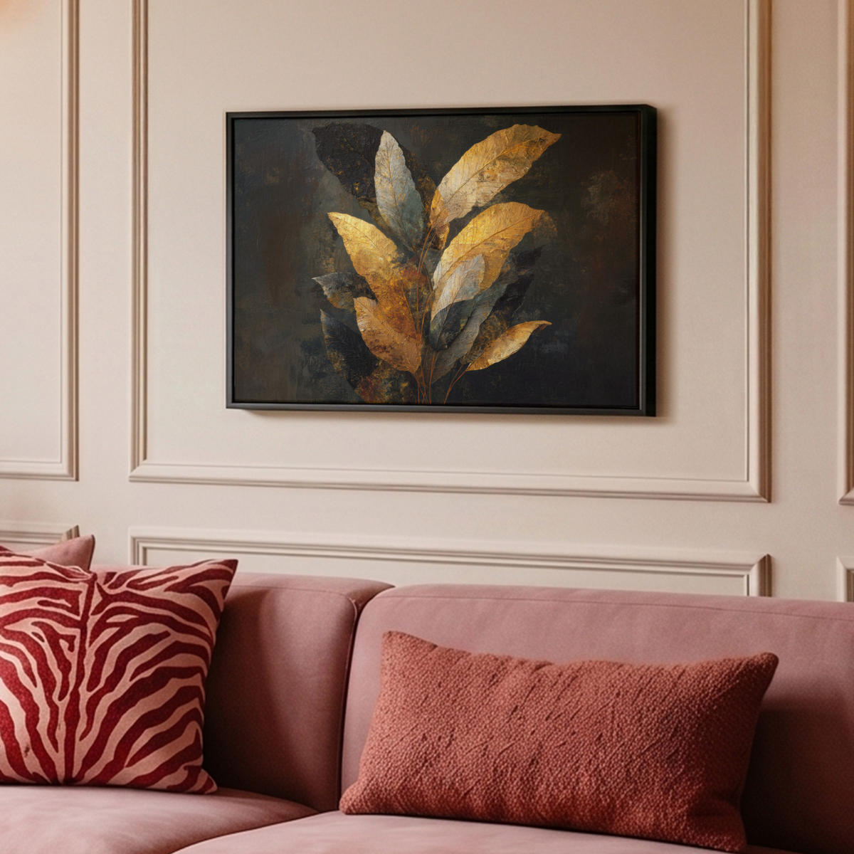 LEINWAND Bilder mit Rahmen - Golden Leaf Komposition - Botanical Luxury - 60x40 - Goldfarben, Textil (60/40cm) - MuchoWow