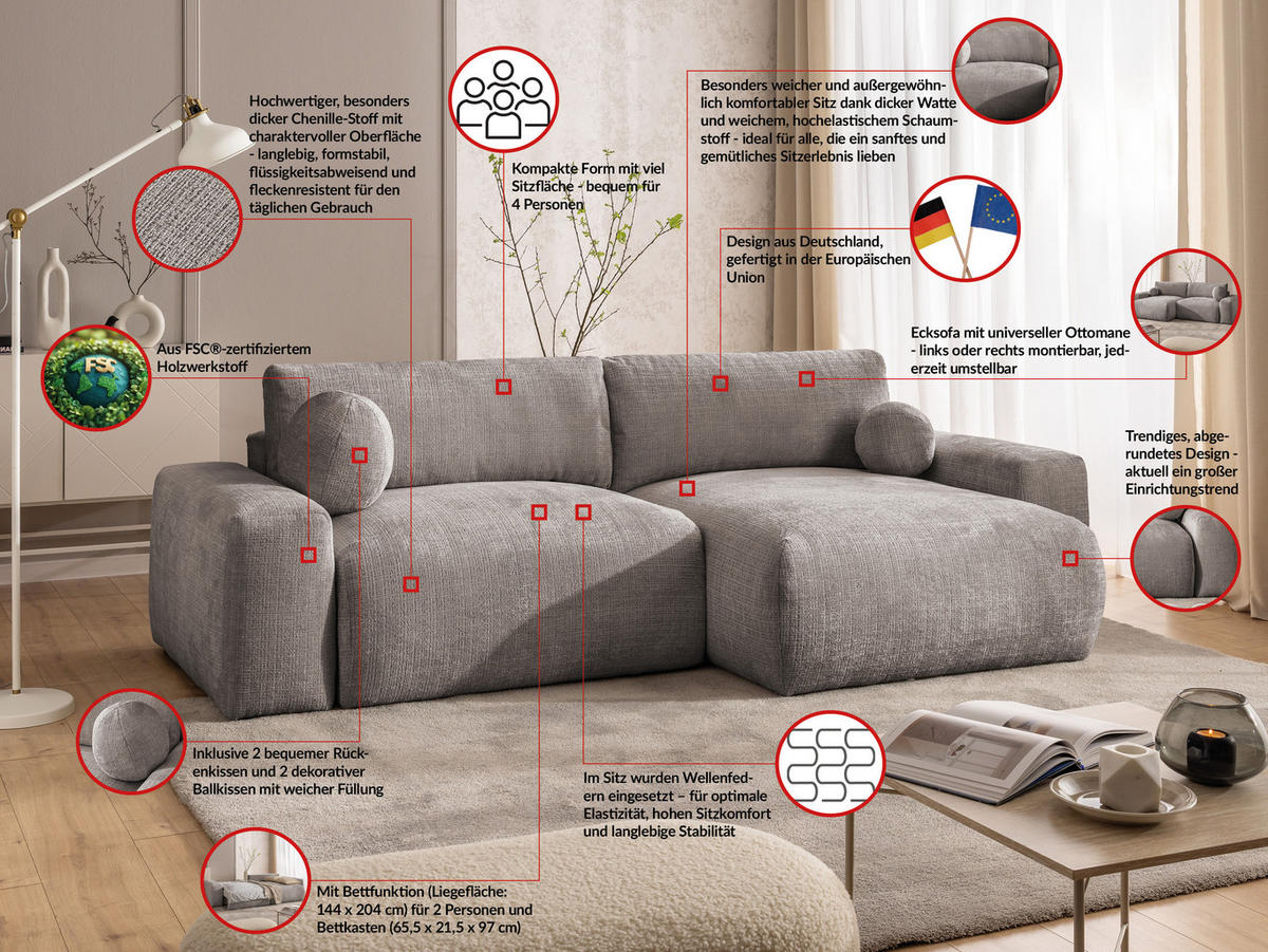 ECKSOFA Puffy mit Schlaffunktion und Bettkasten - besonders weich und puffig aus Taupe Chenille-Stoff - Ottomane rechts - Taupe/Schwarz, Holz/Kunststoff (266/138cm) - S-Style Möbel