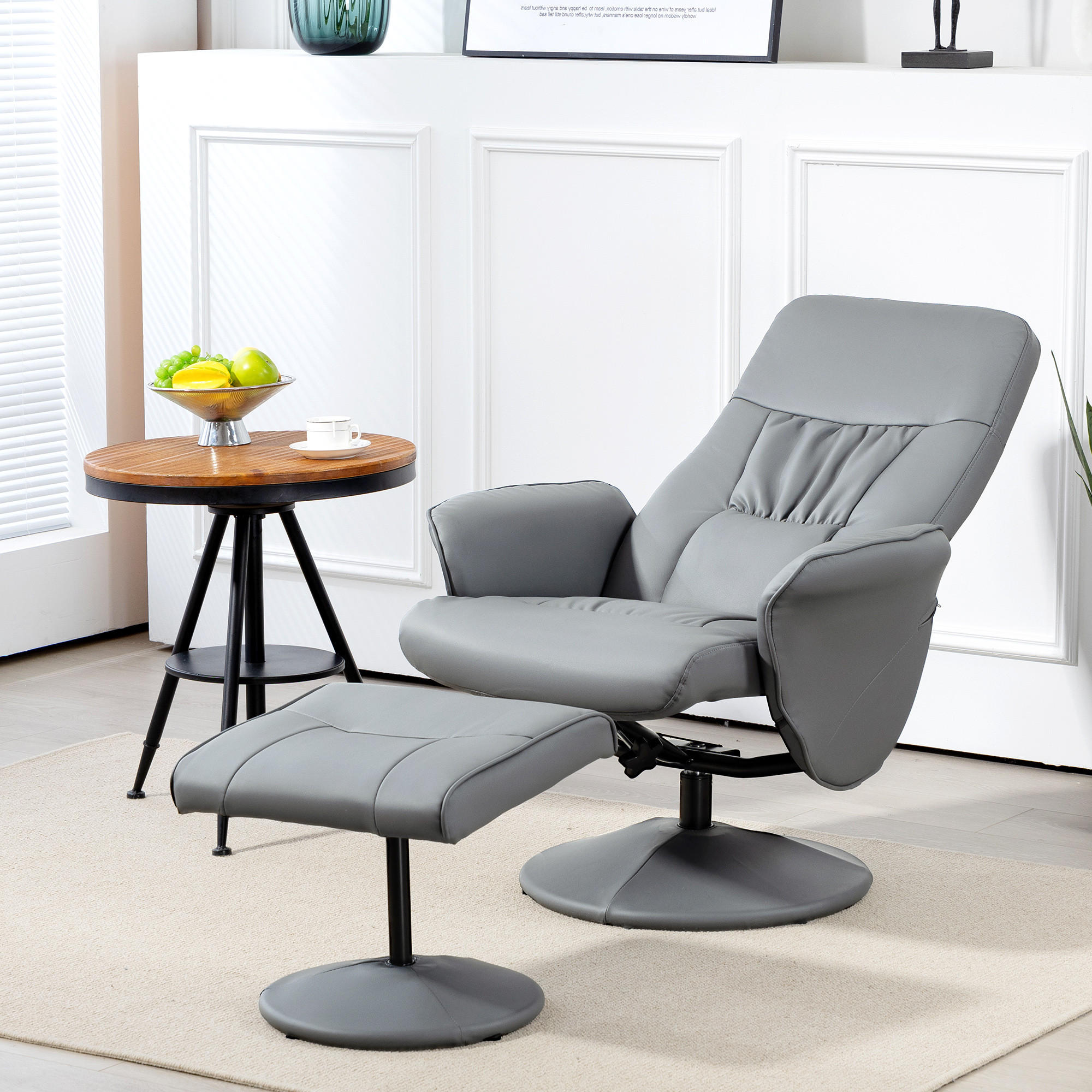 RELAXSESSEL mit Hocker, Fernsehsessel, TV Sessel mit Liegefunktion, Kunstleder - Hellgrau/Grau, Metall (76/101/81cm) - HOMCOM