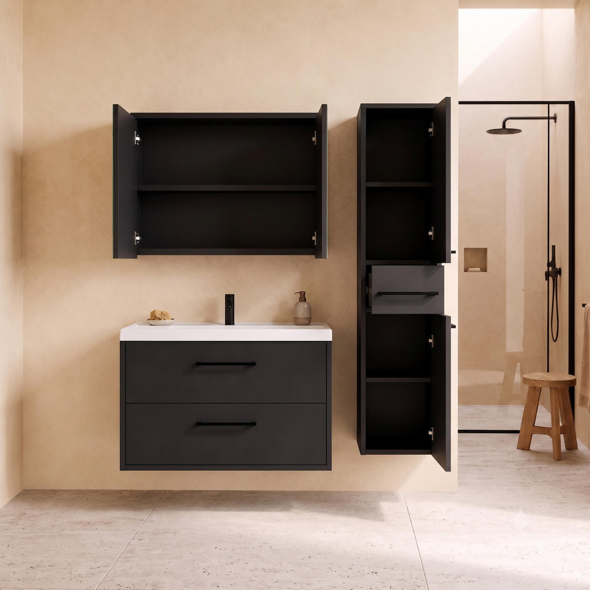 BADMÖBEL-SET Florence 3 Teile Matt Schwarz - 80 x 40 x 51 cm - Schwarz, Holz (80/51/40cm) - Badplaats