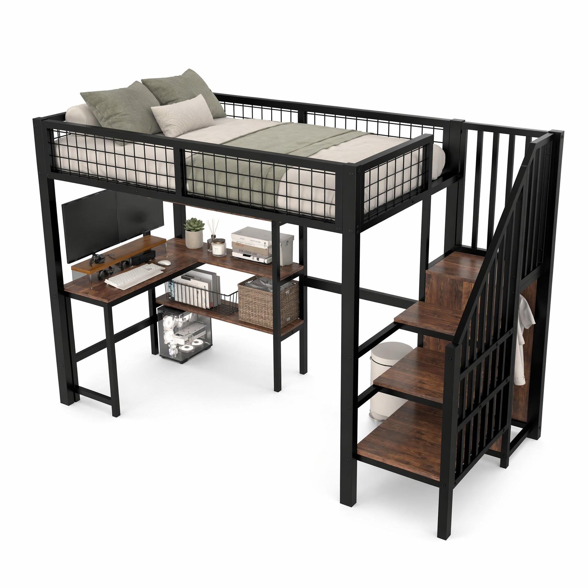HOCHBETT 90/200 cm Schwarz/Braun aus Metall und MDF mit Schreibtisch und Kleiderschrank - Schwarz, Holzwerkstoff (90/200cm) - OKMYHOME