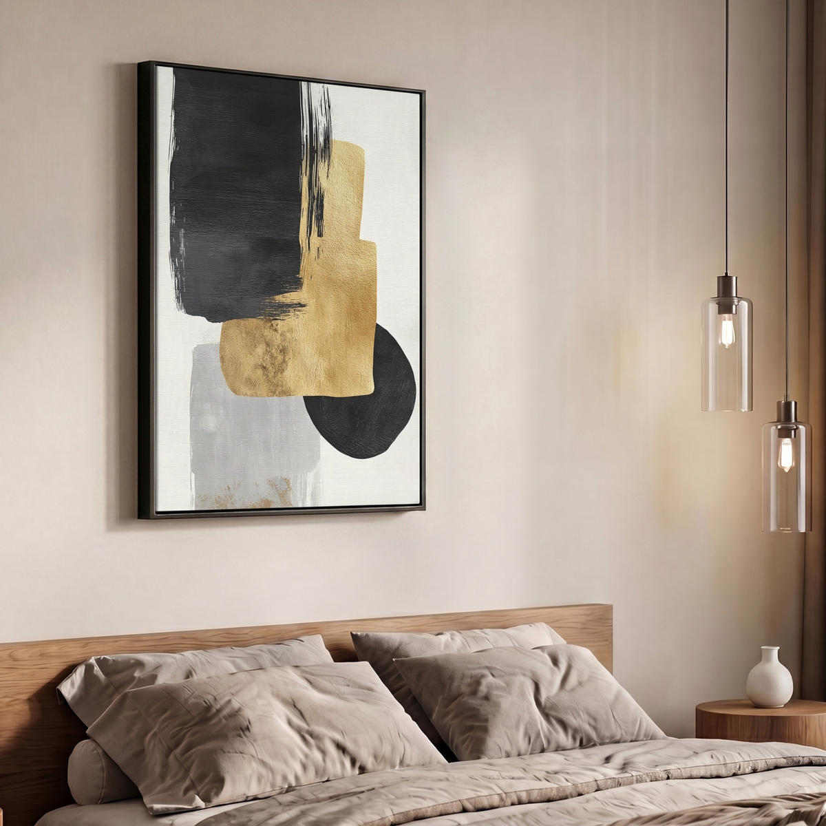 LEINWAND Bilder mit Rahmen - Gold - Rechtecke - Kreise - Abstrakt - 70x100 - Weiß, Textil (70/100cm) - MuchoWow