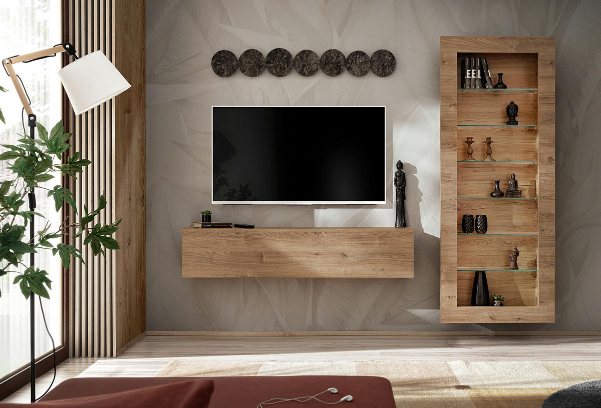 WOHNWAND COMO, hängevitrine und hängeboard, sechs Glasböden, Honigeiche/Trüffeleichefarben - Honigeiche/Trüffeleichefarben, Glas/Holzwerkstoff (211/178/23cm) - Komodee