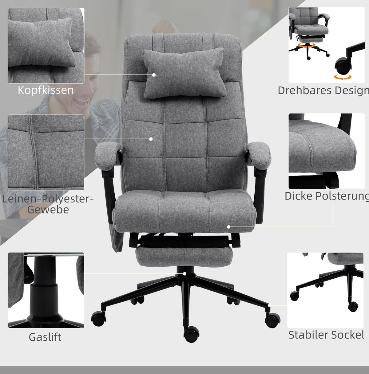 DREHSTUHL 76/66/112-120 cm grau aus Stahl Massage und Fußstütze - Grau, Metall (76/120/66cm) - OKWISH
