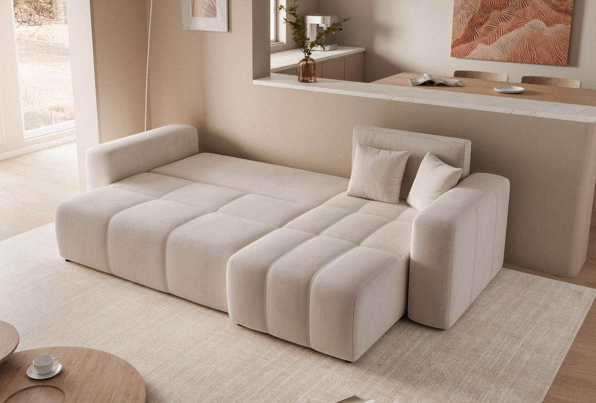 ECKSOFA Beige Velours mit Bettkasten und Schlaffunktion - Beige, Textil (248/145cm) - Idohome