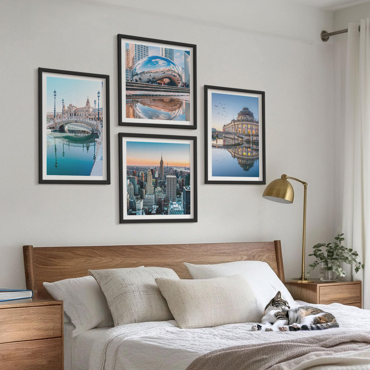 BILDER SET 4er Set - 50x50 cm & 40x60 cm Schwarzer Rahmen - Architektur von Städten am Wasser - Schwarz, Kunststoff (50/50cm) - TULUP