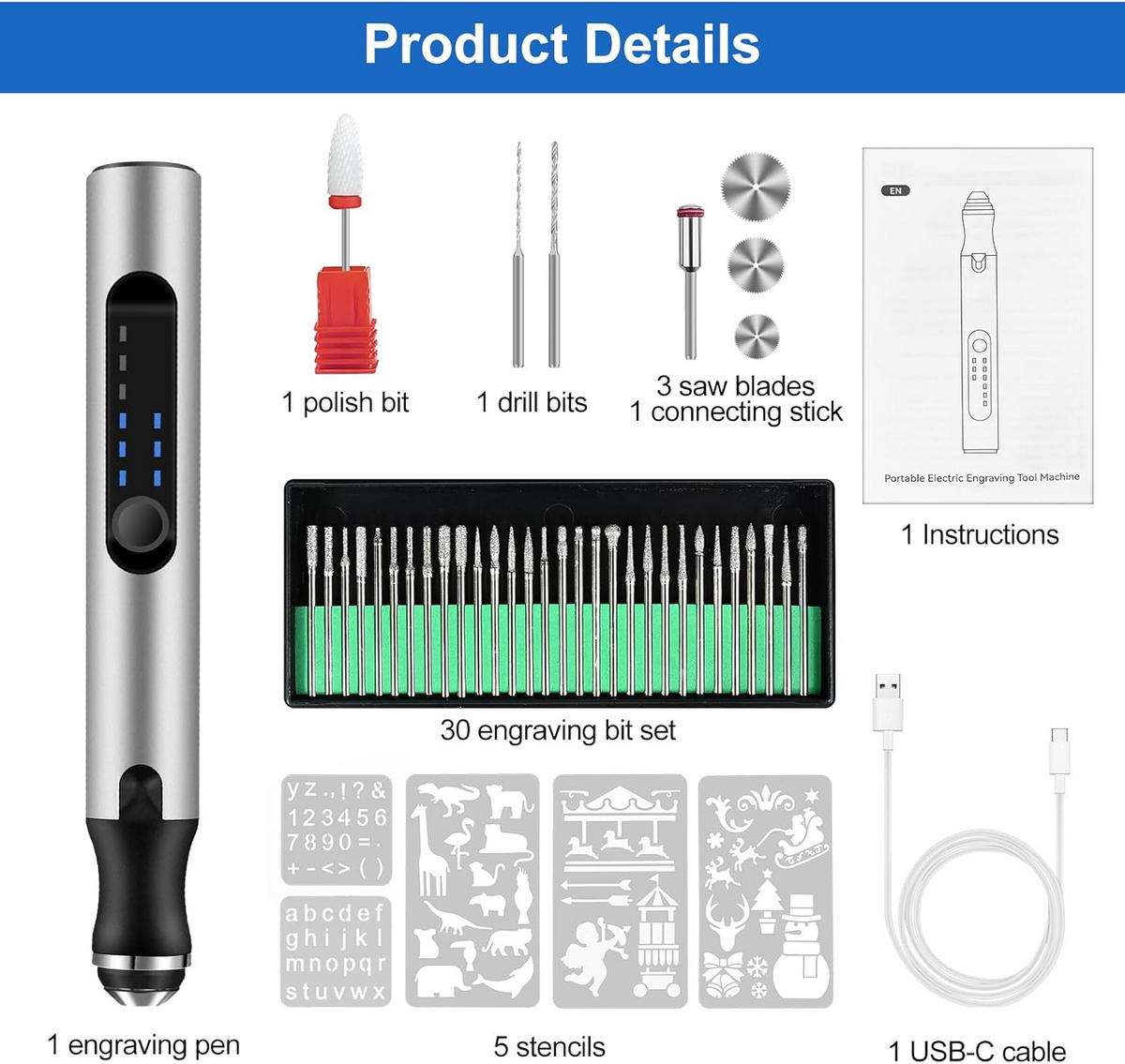 GRAVIERSTIFT – USB-wiederaufladbares Gravierwerkzeug-Set – Enthält 37 Spitzen und 5 Schablonen (silber) - Silberfarben, Metall (21/14/4cm)