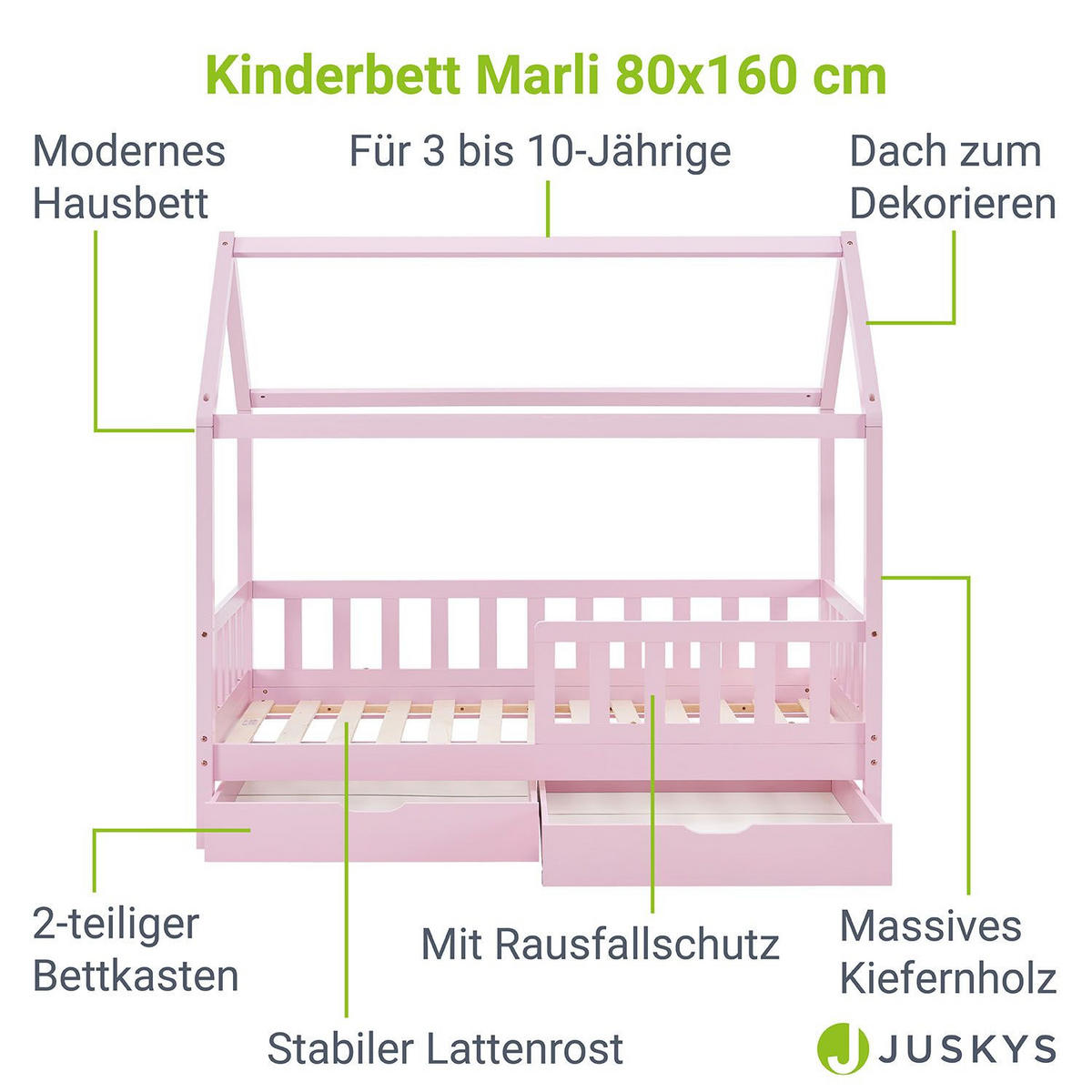KINDERBETT Marli rosa 80x160 cm mit Bettkasten und Matratze - Rosa, Holz (80/160cm) - Juskys