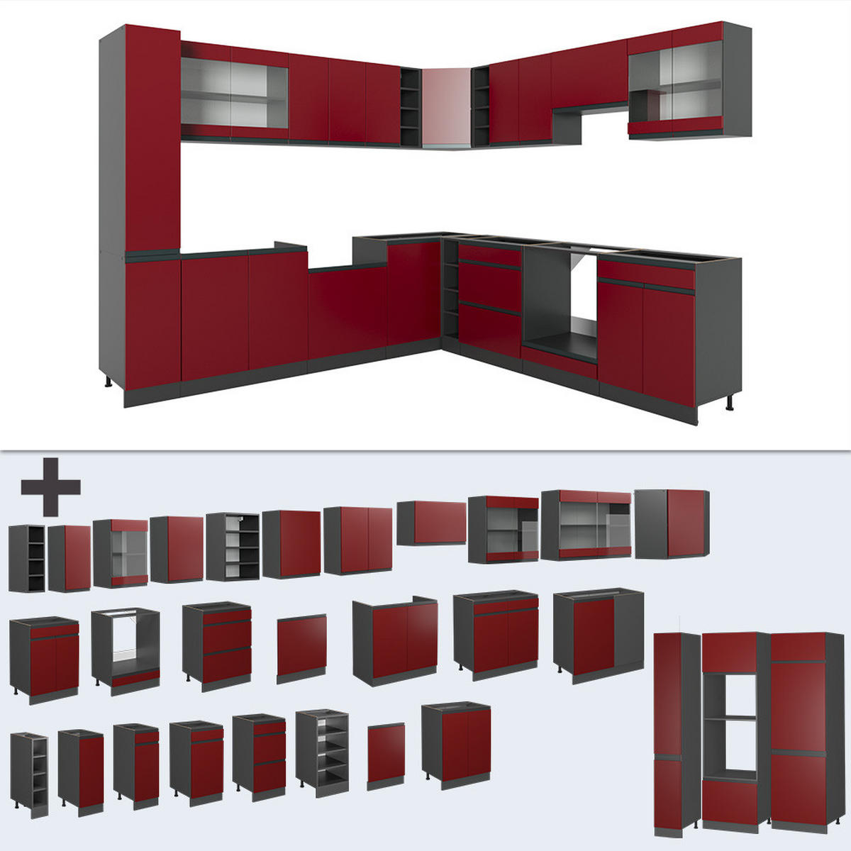 ECKKÜCHE R-Line Rot/Anthrazit 257 x 277 cm J-Shape, AP Eiche - Anthrazit/Rot, Holzwerkstoff (277/81.6/60cm) - Vicco