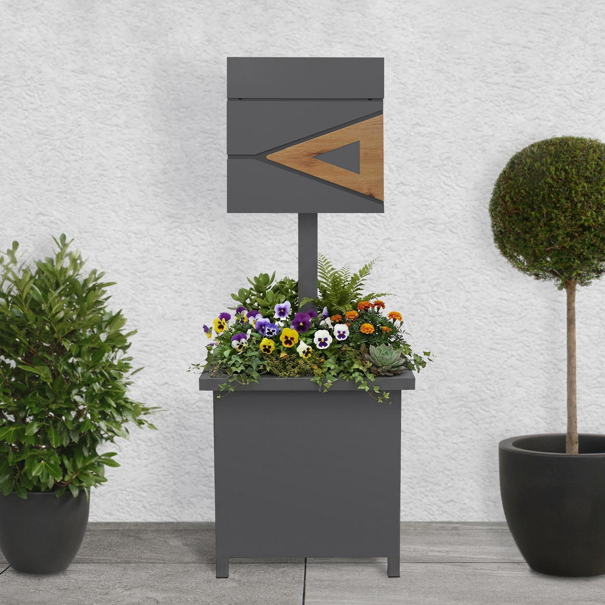 BRIEFKASTEN Anthrazit-Holzoptik mit bepflanzbarem Ständer - Anthrazit/Braun, Metall (120cm) - ML-DESIGN