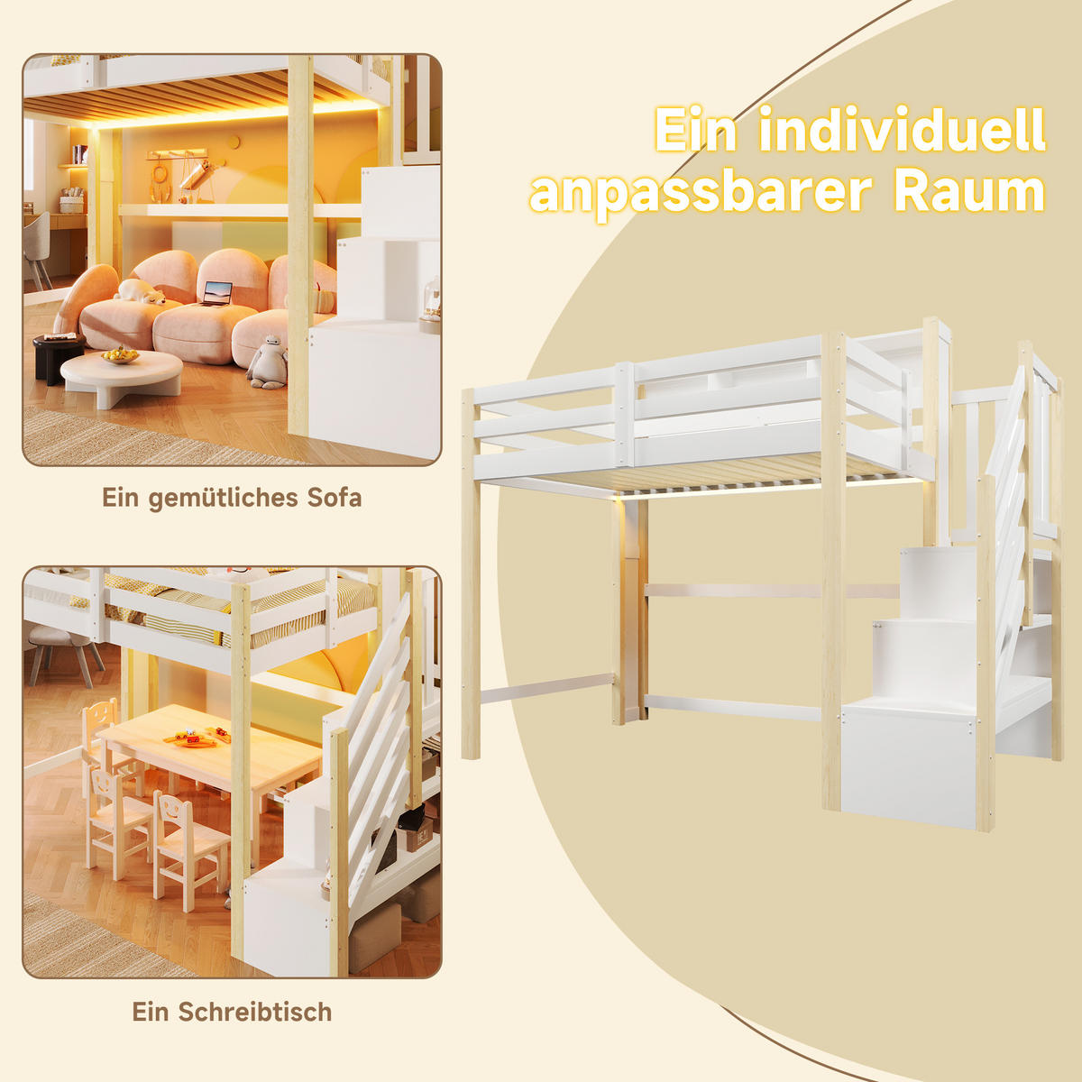 HOCHBETT 90/200 cm Weiß + Natur mit LED-Leuchten, Stauraumtreppe, offenem Staufach - Weiß, Holz (90/200cm) - Oxeza