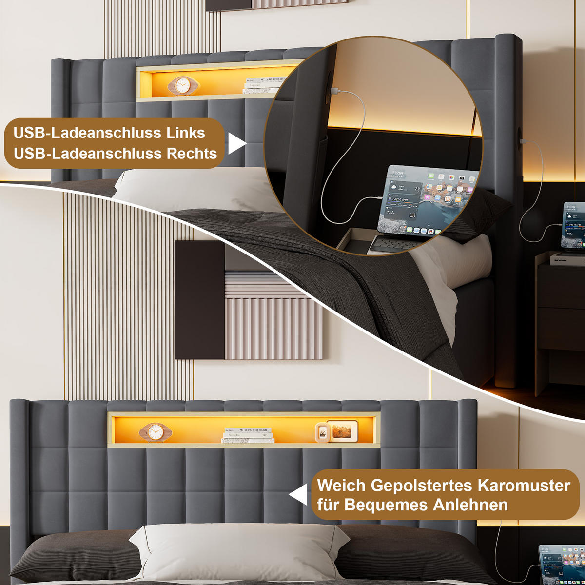 ČALÚNENÁ posteľ 140/200 cm tmavosivá s LED a USB-C - tmavosivá, textil (140/200cm) - Flora Grace