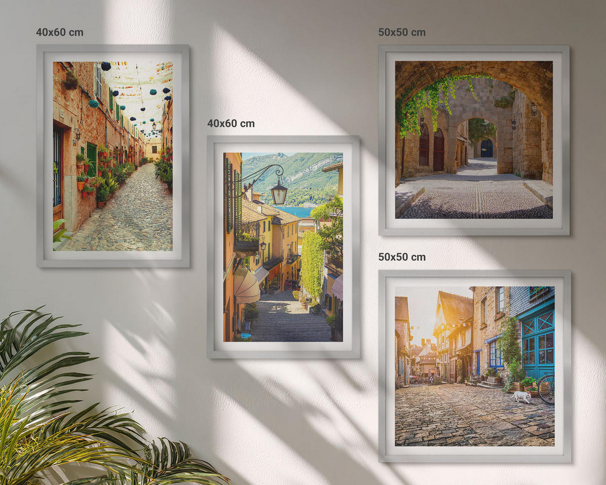 BILDER SET 4er Set - 50x50 cm & 40x60 cm Silberner Rahmen - Charmante Straßen mit Steinen - Silberfarben, Kunststoff (50/50cm) - TULUP