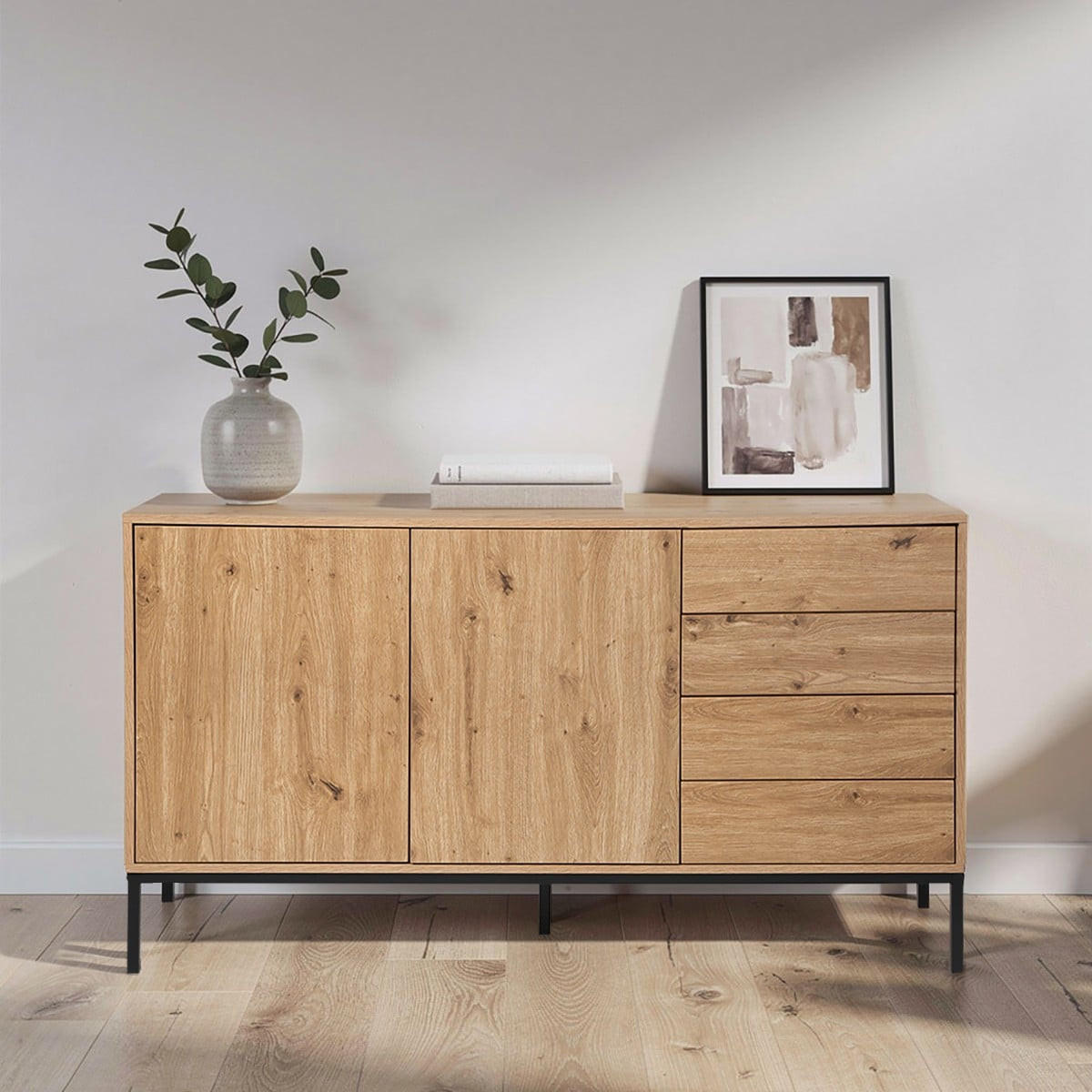 BUFFET mit 2 Türen und 4 Schubladen L140 cm 140/40/80 cm - Eschefarben, Holzwerkstoff (40/80/48.5cm) - Calicosy