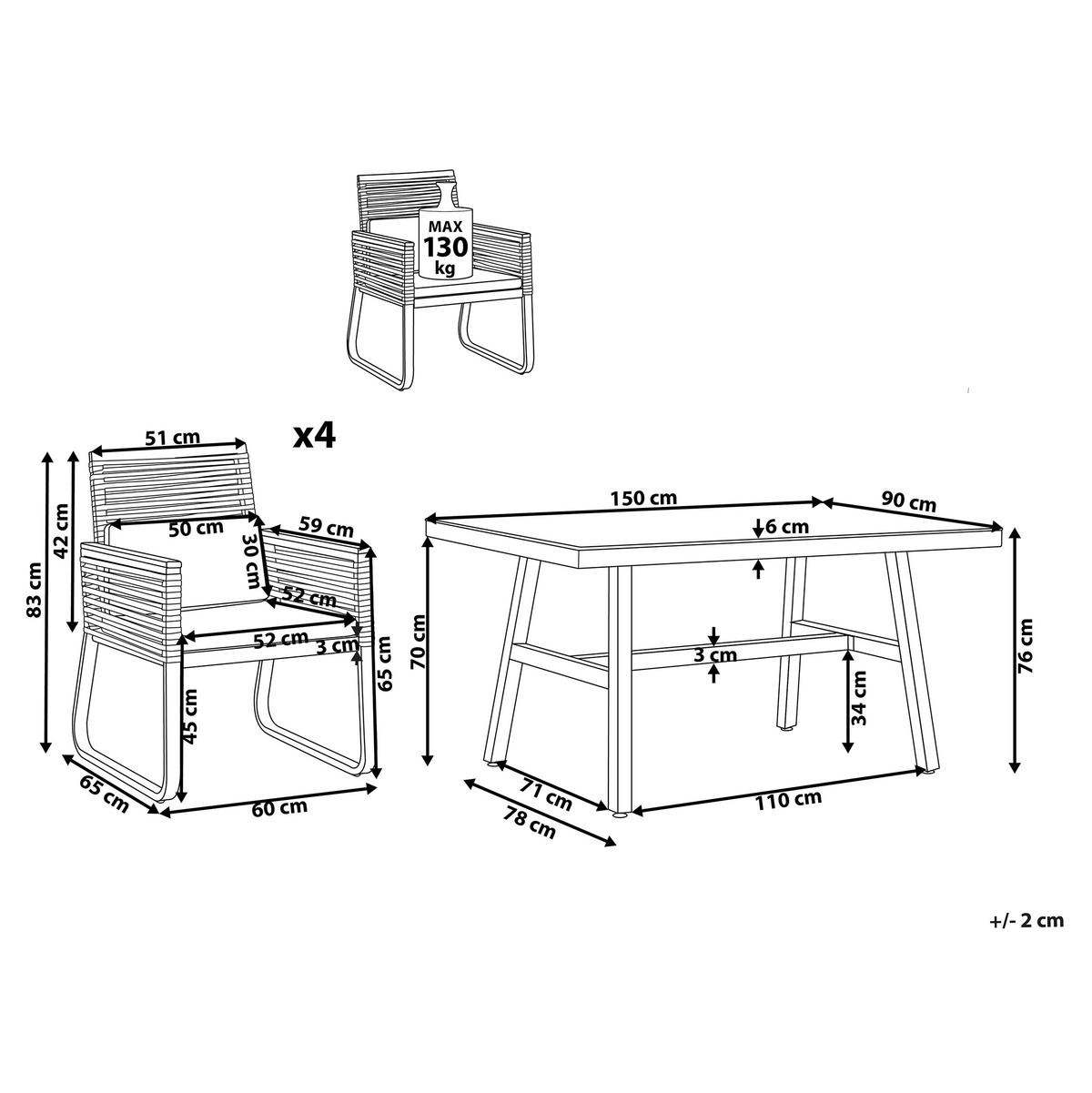 GARTENMÖBEL SET 4-Sitzer Aluminium/Flechtseil schwarz Canetto - Hellbraun/Schwarz, Metall - Beliani