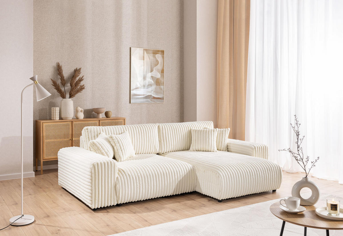 ECKSOFA Mollis Hellbeige Plüschcord - Ottomane Rechts - Beige/Schwarz, Holz/Kunststoff (255/168cm) - S-Style Möbel