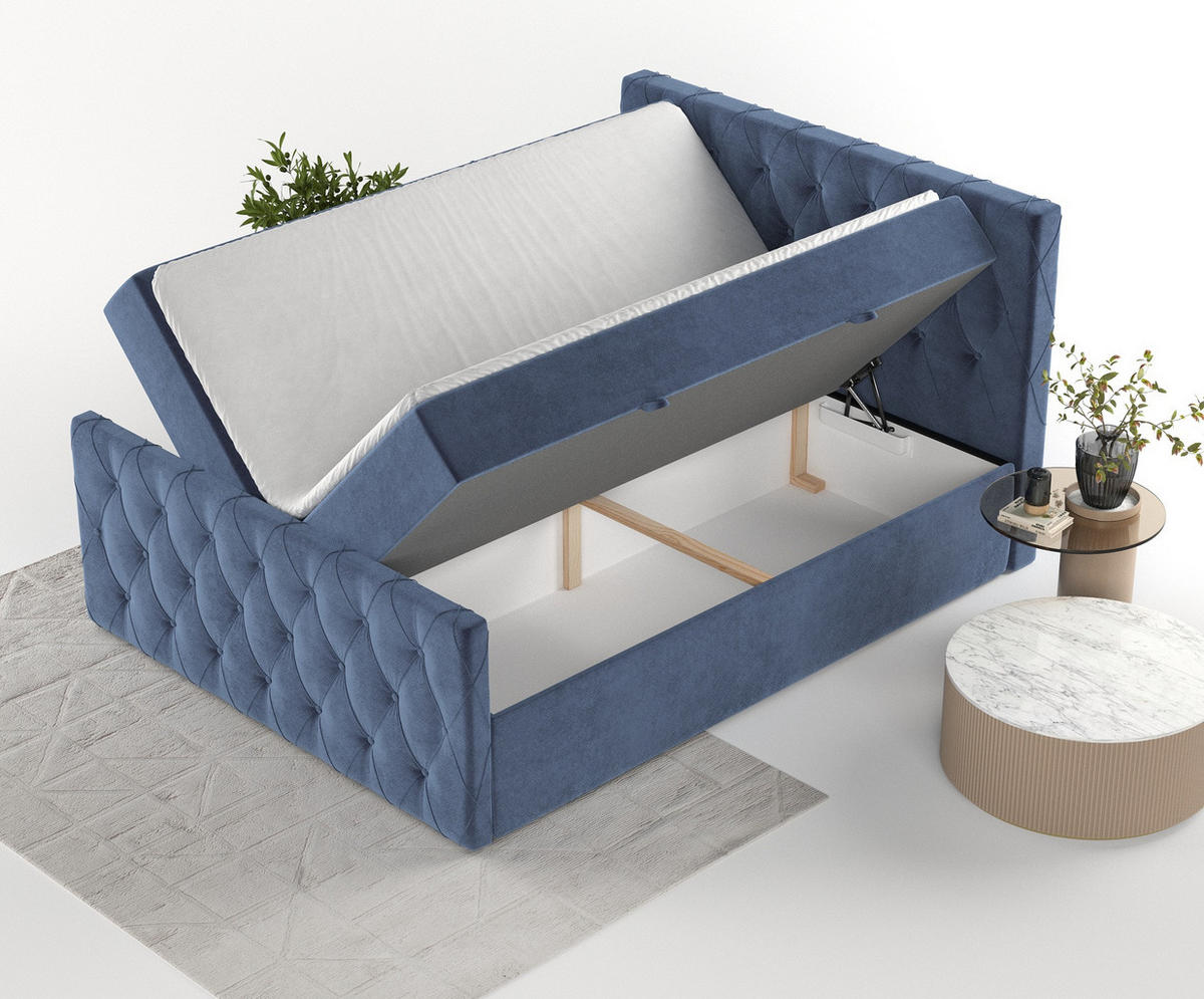 BOXBETT Signature Dunkelblau 160/200 cm im Samtstoff - Schwarz/Dunkelblau, Holz/Holzwerkstoff (160/200cm) - Maison de Reve