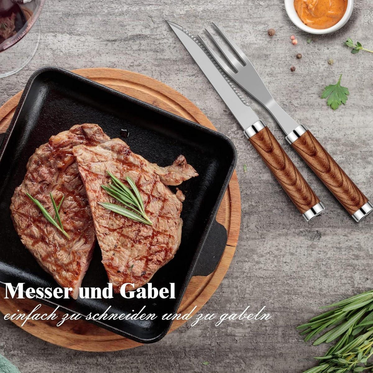 GRILLBESTECK Set 38-teilig Edelstahl mit Koffer und Grillmatte - Braun, Metall (39cm)