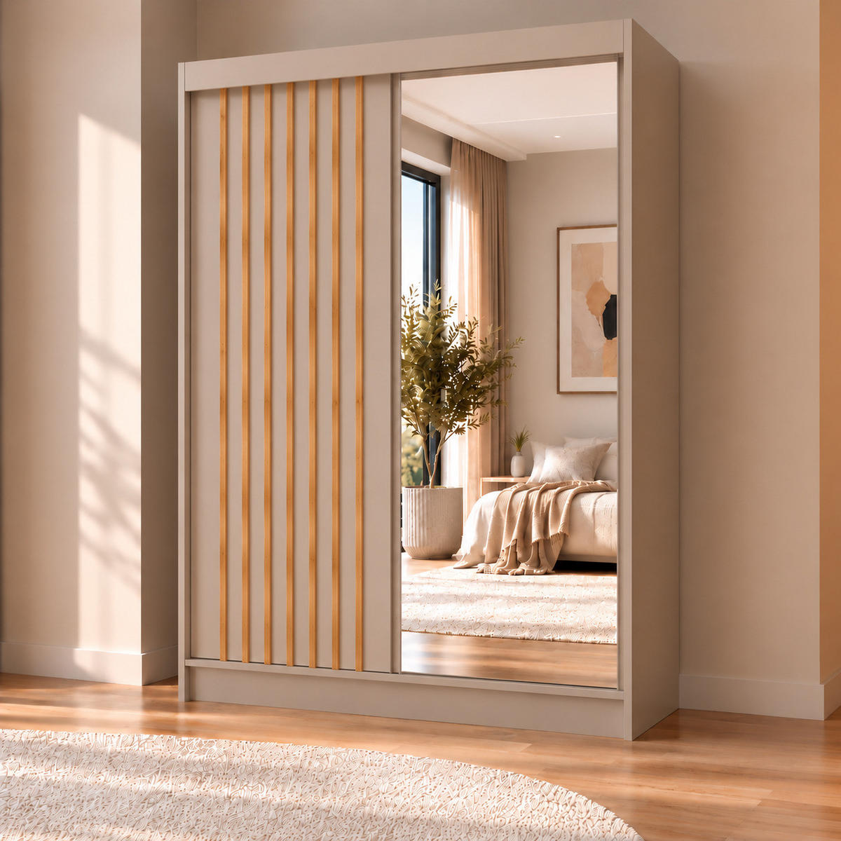 KLEIDERSCHRANK Lumil 120 cm Kaschmir Spiegel Griffe silber - Kaschmir, Holzwerkstoff (120/216/61cm) - KS Home Concept