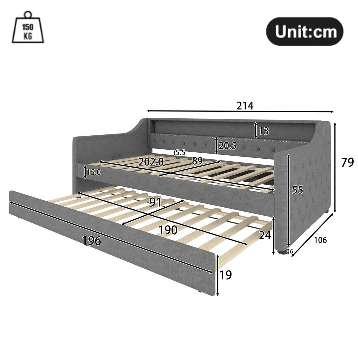 POLSTERBETT mit LED-Beleuchtung 90/200 cm mit Ausziehbett und USB - Grau, Textil (90/200cm) - BEAOK