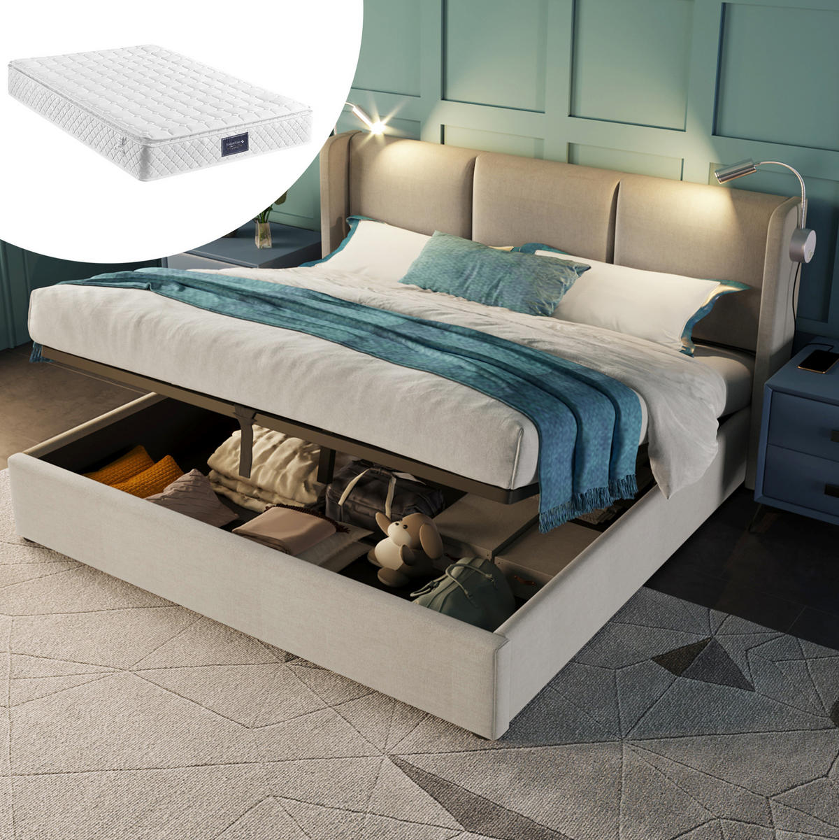 ČALÚNENÁ posteľ z ľanu 160x200 cm béžová s LED lampou, USB nabíjaním a úložným priestorom - béžová, textil (160/200cm) - Modfu