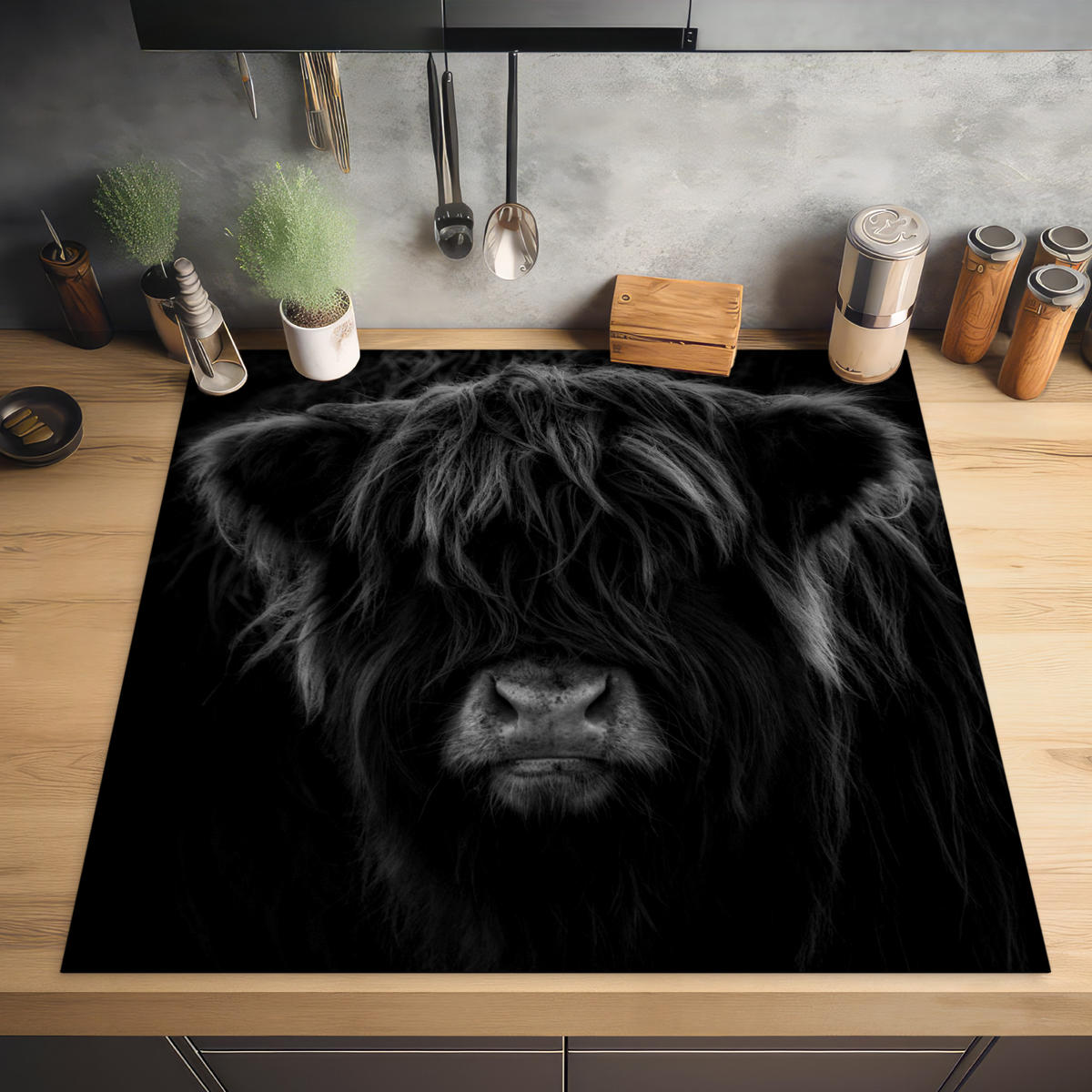 HERDABDECKPLATTE Schottischer Highlander - Kuh - Schwarz - Weiß - Tiere Induktionsmatte 78x78 cm - Schwarz, Kunststoff (78/78/0.2cm) - MuchoWow
