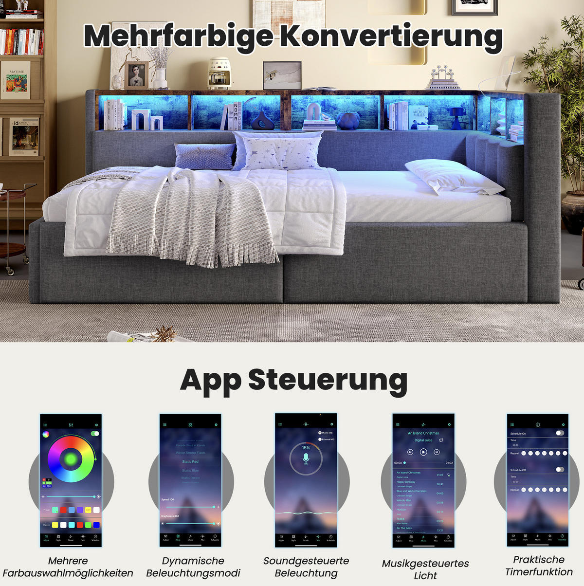 KOMFORT-POLSTERBETT 90/200 cm mit Bettkasten, LED-Beleuchtung und USB - Grau, Textil (90/200cm) - BEAOK