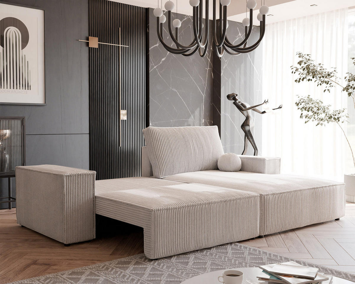 ECKSOFA HUGO Rechts, mit Schlaffunktion und Bettkasten, Creme - Creme, Textil (255/148cm) - Idohome