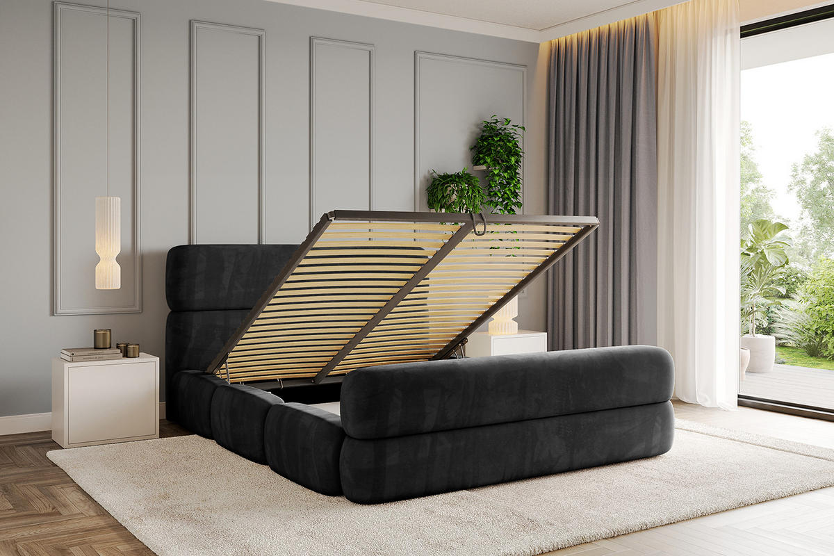 POLSTERBETT mit Bettkasten, Fußteil und Lattenrost, Boxbett ohne Matratze - ELVA-Z 200x200 Schwarz - Schwarz, Holzwerkstoff/Textil (200/200cm) - ALTDECOR
