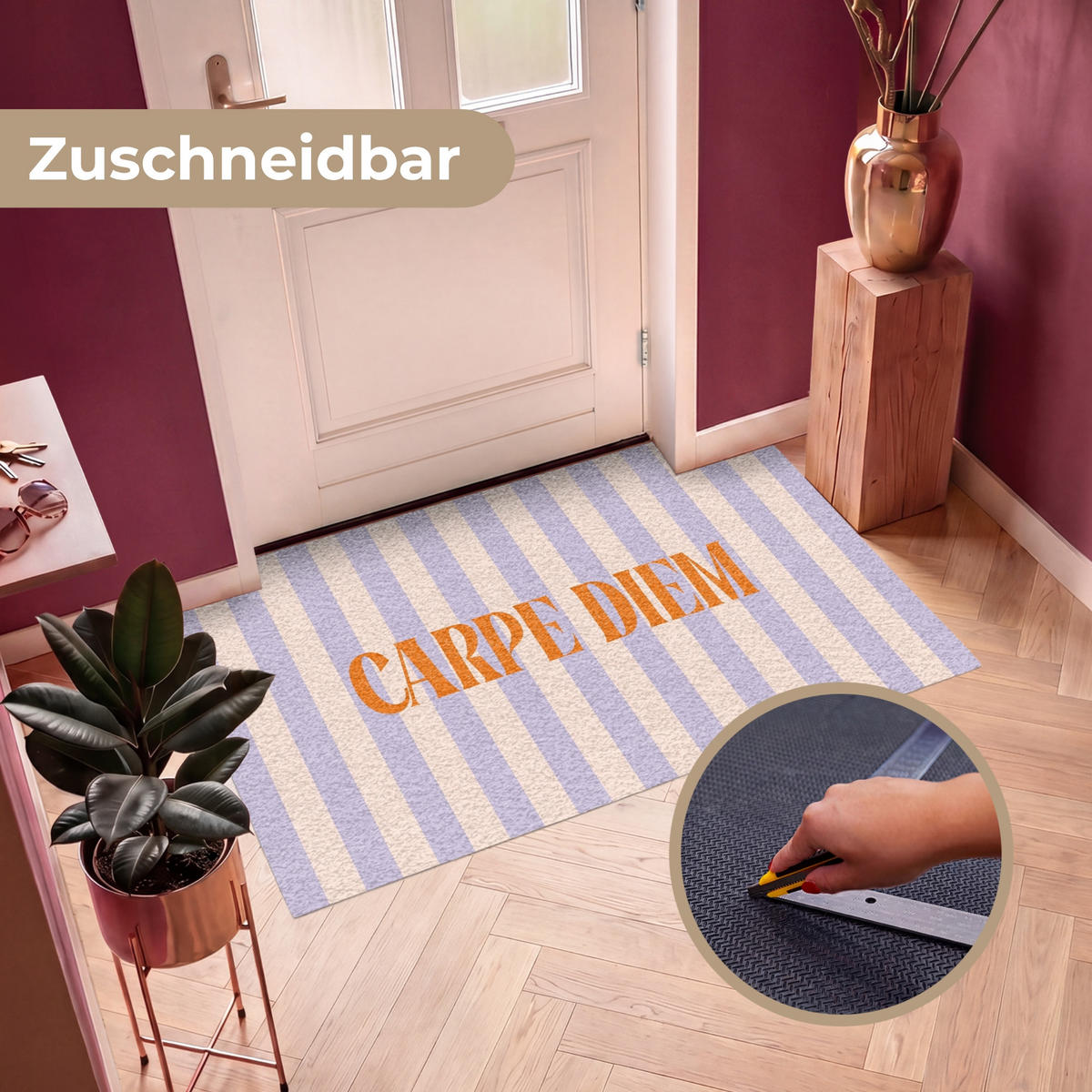 FUSSMATTE Lila – Orange – Streifen – Carpe Diem 150x90 cm - Flieder, Kunststoff (150/0.4cm) - MuchoWow