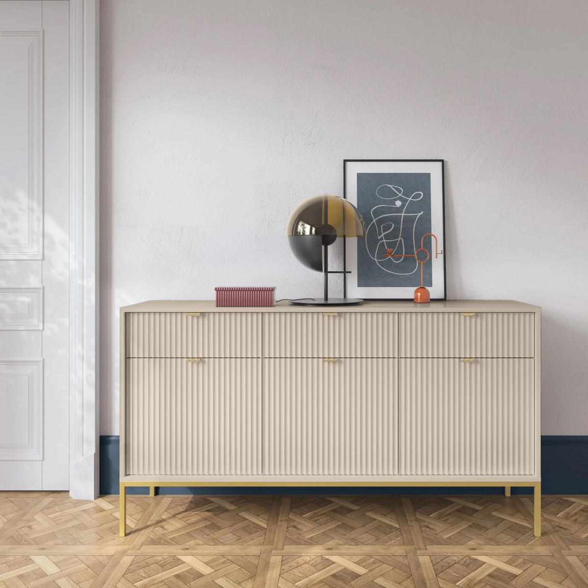 VELLORE Sideboard - Beige/Goldfarben, Holzwerkstoff/Metall (154/83/39cm) - Selsey