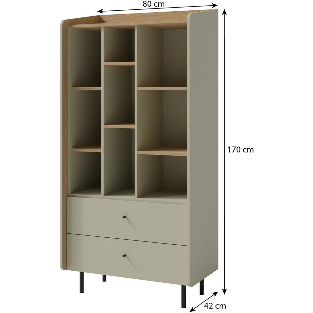 BÜCHERREGAL Alex mit 2 Schubladen, Eukalyptus - Eukalyptusholzfarben/Schwarz, Holzwerkstoff (80/170/42cm) - Beautysofa