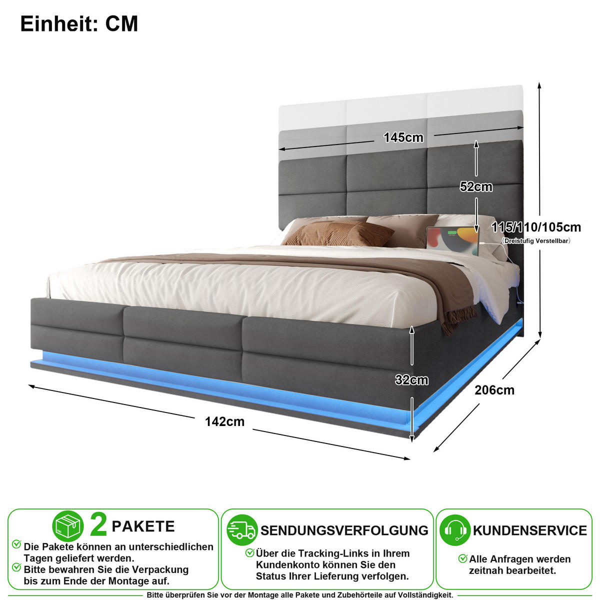 POLSTERBETT 140/200 cm in Dunkelgrau Samt mit Bettkasten, LED und USB - Grau, Holzwerkstoff/Textil (140/200cm) - CHICFURN