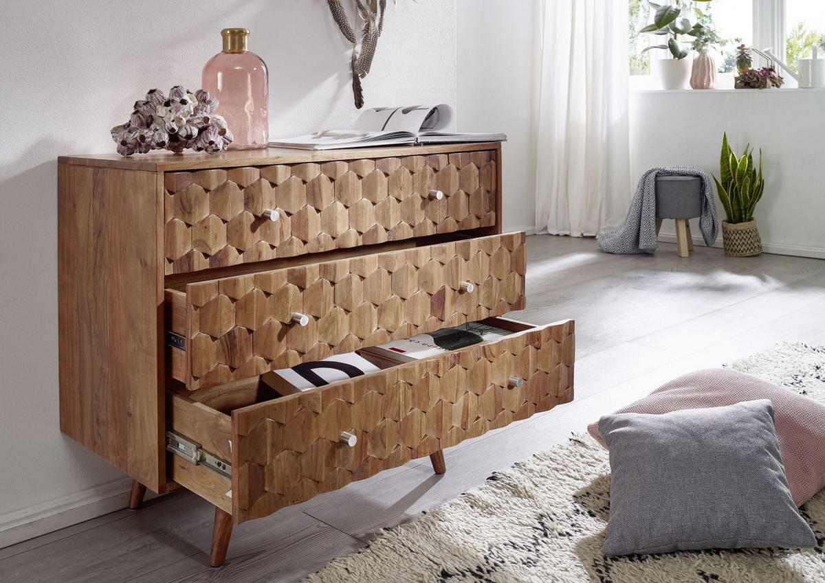 KOMMODE Akazie 88x42x75 natur lackiert MOSAYK #107 - Braun, Holz (88/75/42cm) - Massivmoebel24